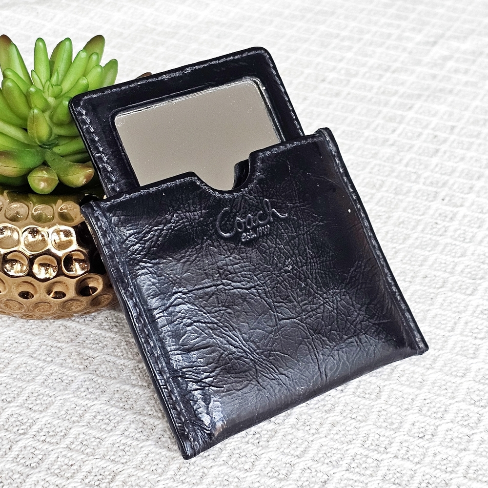 Coach Vintage Black Leather Double-Sided Pocket Mirror Compact Travel Mirror Y2K